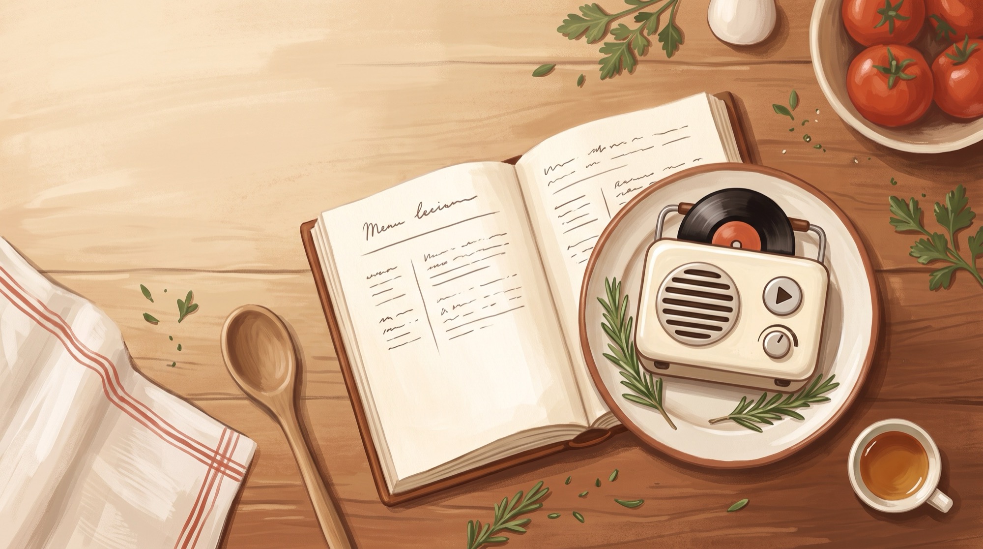 Illustration: an open cookbook on a wooden kitchen table, beside a small cream radio served on a plate with rosemary